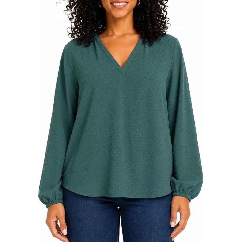Weatherproof Vintage Green Clip Dot V-Neck Blouse Cottagecore Top Women •M• Boho